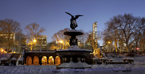 Panoramic of Bethesda fountain in Central Park New York after sn