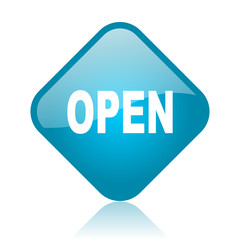 open blue square glossy web icon