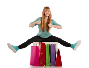 girl with shopping bags , isolated on white background