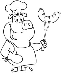 Outlined Pig Chef Cartoon Mascot Character With Sausage On Fork