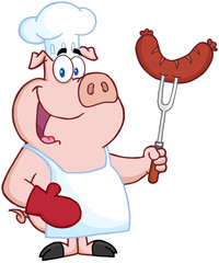 Happy Pig Chef Cartoon Mascot Character With Sausage On Fork