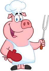 Happy Pig Chef Holding A Fork