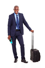 happy african businessman travel by air isolated on white