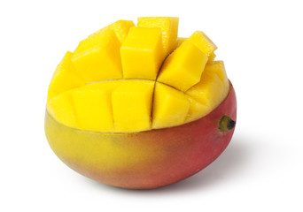 Half cut mango fruits on white background