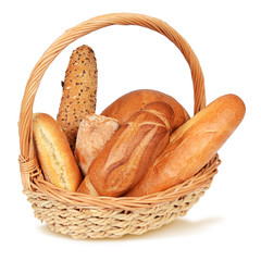 Composition with bread and rolls in wicker basket