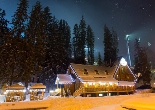 Ski Chalet At Night