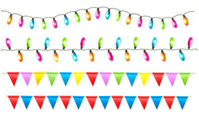 Strings of holiday lights and birthday flags white background. V
