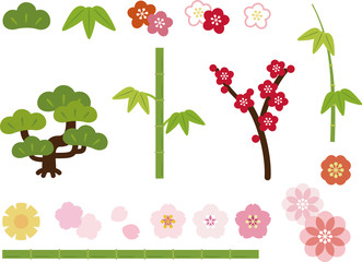 Naklejka premium 松竹梅と和風の花