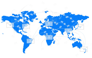 Fototapeta na wymiar white envelope on blue world map