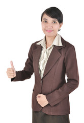 Businesswoman showing thumb up, isolated on white background