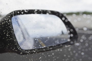 Rain drops on mirror of a car,Dublin,Republic of Ireland