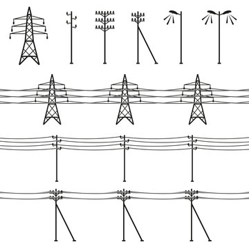 High Voltage Power Lines. Electricity Pylon Silhouette. Vector