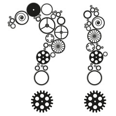 question mark with metal cogs on white background