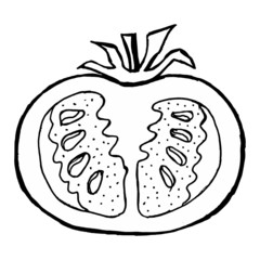 Hand drawn, vector, cartoon illustration of cutting tomato