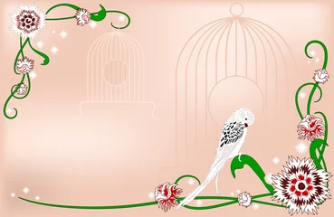 Foto auf Acrylglas Vögel in Käfigen Karte mit dekorativen Blumen und Wellensittich.