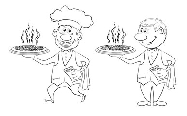 Waiters deliver a hot pizza, outline