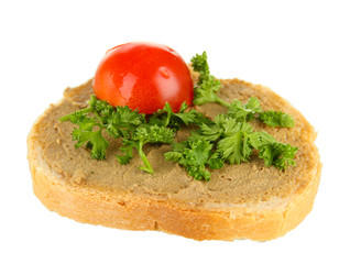 Fresh pate on bread, isolated on white