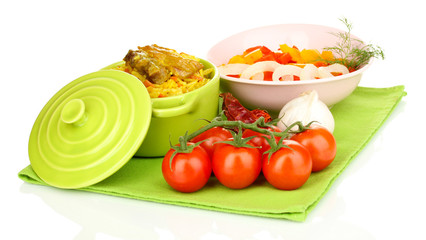 Delicious pilaf with vegetables isolated on white