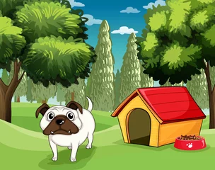 Wall murals Dogs A white bulldog with a dog food outside his dog house