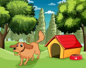 Washable wall murals Dogs A dog playing outside a dog house