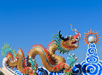 Fototapeta na wymiar Chinese dragon head with blue sky