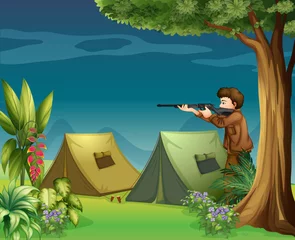 Poster Ein Jäger auf einem Campingplatz © GraphicsRF