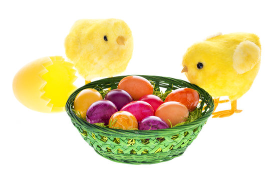 Zwei K&uuml;cken am Ostereierkorb mit Eierschale.