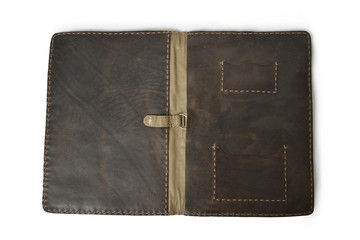 Open leather folder isolated against white background
