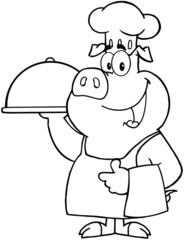 Outlined Happy Pig Chef Holding A Platter
