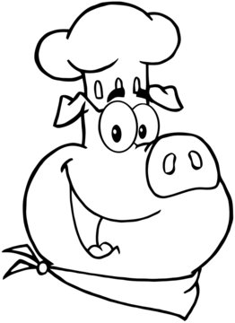 Outlined Happy Pig Chef Head