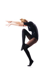 Young woman dancing on white background