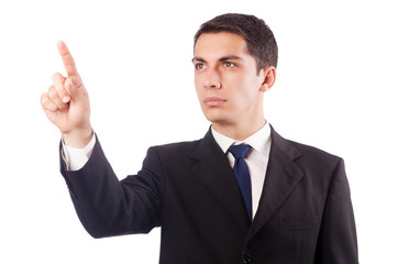 Young businessman pressing virtual buttons