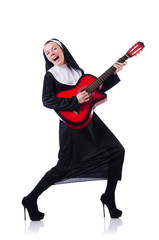 Nun playing guitar isolated on white