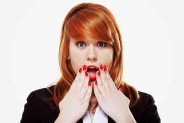 bright picture of surprised woman face over white