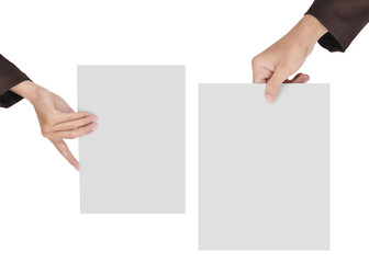 two pictures of businesswoman's hand holding blank paper