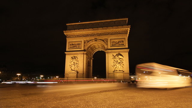 Arc de Triomphe. Night Timelapse.