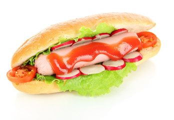 Tasty hot dog with vegetables isolated on white