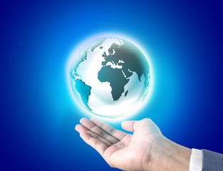Business hand holding a blue  world