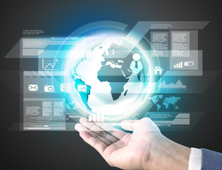 Business man showing digital virtual technology in the world