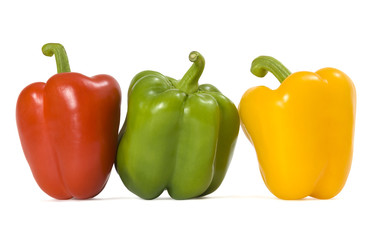 Red, green and yellow capsicums. Clipping path included.