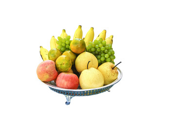 Fresh fruits on metal tray still-life isolated on white
