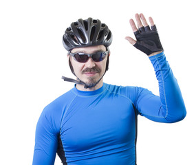 Adult bicyclist waving with palm.