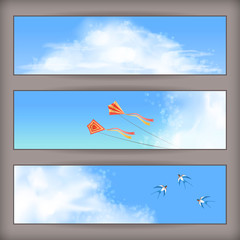 Sky banners: white clouds, flying kites, swallows