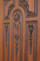 fragment beautiful carved brown wooden door