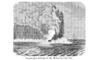 Unterseeischer Vulkanausbruch (Alte Lithographie)