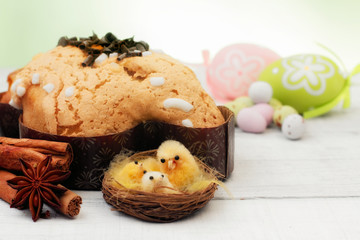 easter  composition with chicken and dove cake