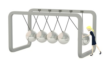 3d render of cartoon character with newton cradle