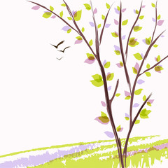 Obraz na płótnie Canvas Wiosna krajobraz z zielonym drzewem. Szkic akwarelowy