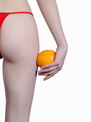 The girl with orange on a white background