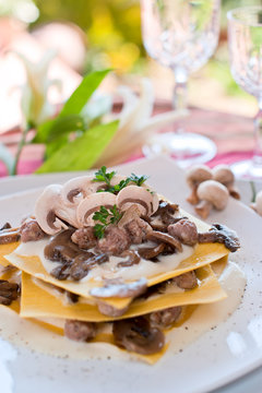 Lasagna With Mushroom At A Restaurant